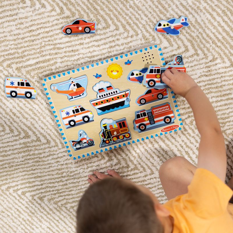 Melissa & Doug dřevěné puzzle se zvukovými efekty dopravní prostředky