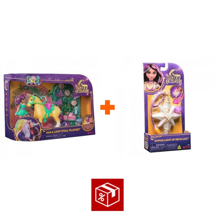 Výhodný set: Unicorn Academy malá stáj s Ava a Leaf měnícím barvy + náhrdelník s prstenem