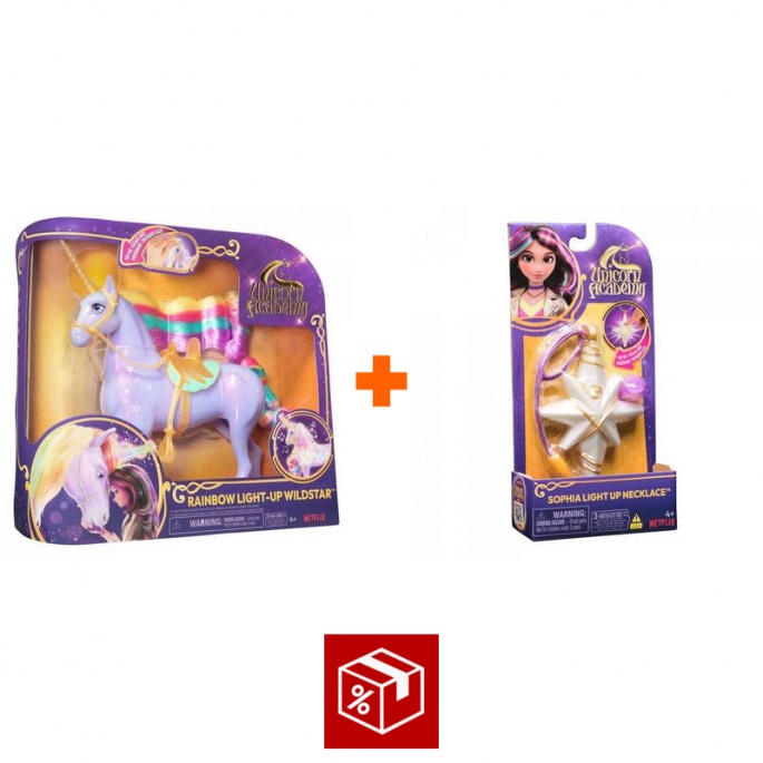 Výhodný set: Unicorn Academy světelný jednorožec Wildstar 28 cm + náhrdelník s prstenem