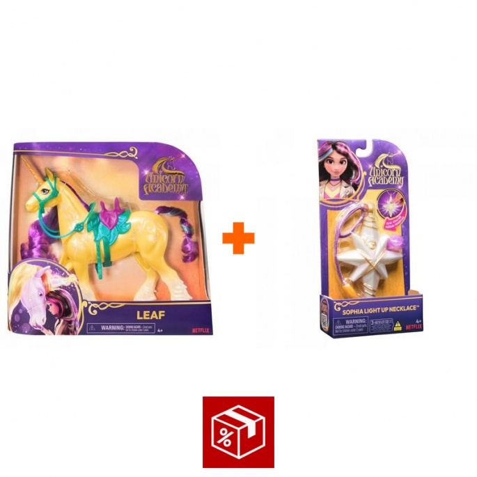 Výhodný set: Unicorn Academy česací jednorožec Leaf 28 cm + náhrdelník s prstenem