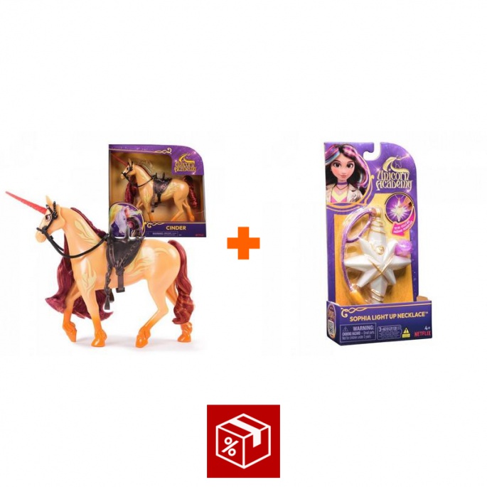 Výhodný set: Unicorn Academy česací jednorožec Cinder 24 cm + náhrdelník s prstenem