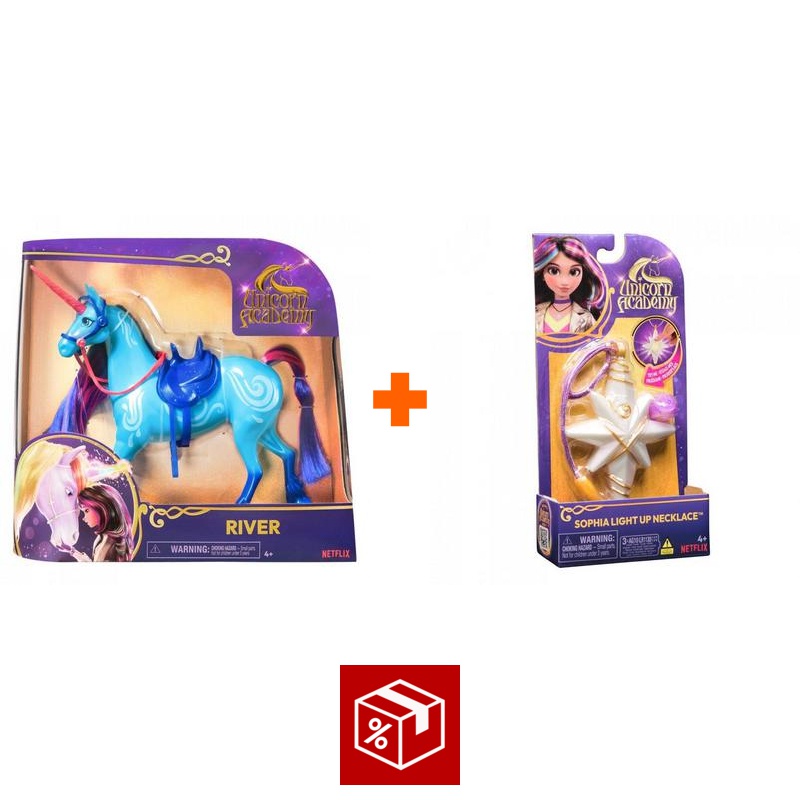 Výhodný set: Unicorn Academy česací jednorožec River 28 cm + náhrdelník s prstenem