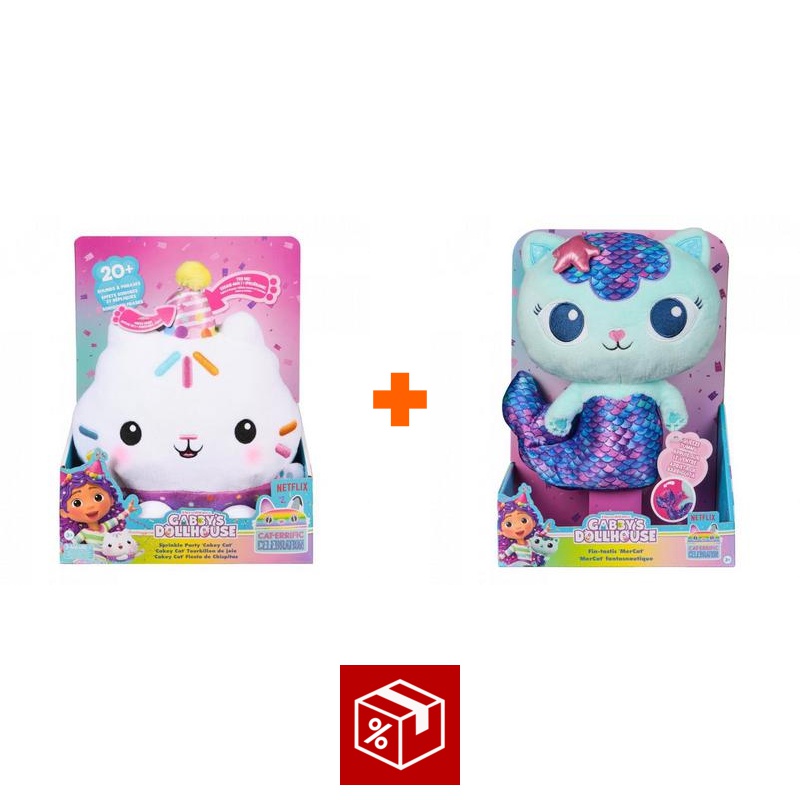 Výhodný set: Gábinin kouzelný domek Cakey plyšák se zvuky + Mercat plyšový s funkcí