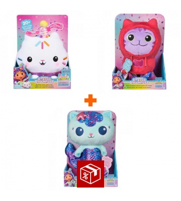 Výhodný set: Gábinin kouzelný domek Cakey plyšák se zvuky + plyšáci DJ Catnip a Mercat