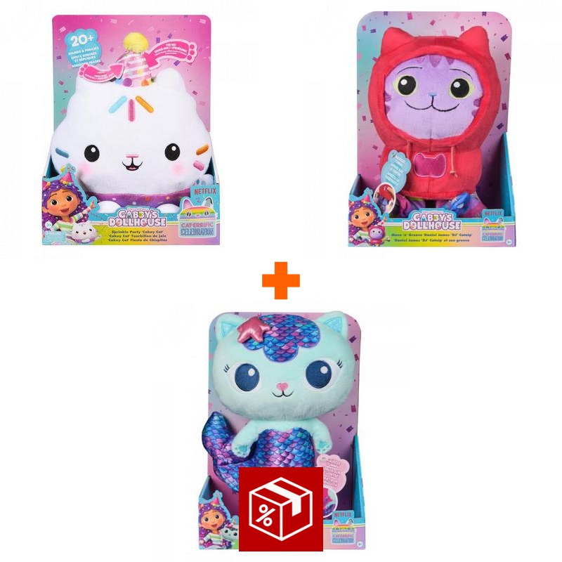 Výhodný set: Gábinin kouzelný domek Cakey plyšák se zvuky + plyšáci DJ Catnip a Mercat