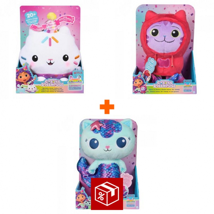 Výhodný set: Gábinin kouzelný domek Cakey plyšák se zvuky + plyšáci DJ Catnip a Mercat
