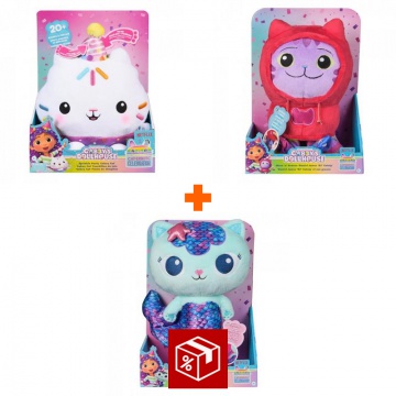 Výhodný set: Gábinin kouzelný domek Cakey plyšák se zvuky + plyšáci DJ Catnip a Mercat