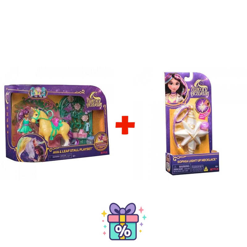 Výhodný set: Unicorn Academy malá stáj s Ava a Leaf měnícím barvy + náhrdelník s prstenem