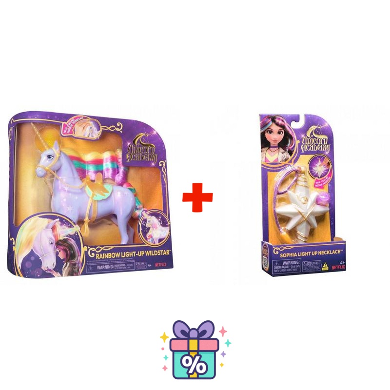 Výhodný set: Unicorn Academy světelný jednorožec Wildstar 28 cm + náhrdelník s prstenem