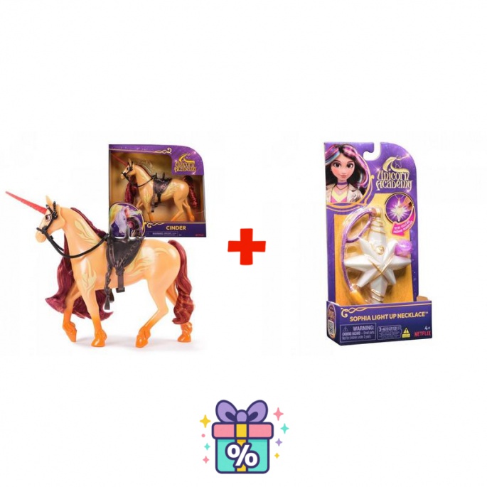 Výhodný set: Unicorn Academy česací jednorožec Cinder 24 cm + náhrdelník s prstenem