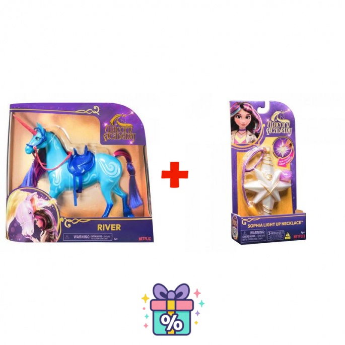 Výhodný set: Unicorn Academy česací jednorožec River 28 cm + náhrdelník s prstenem