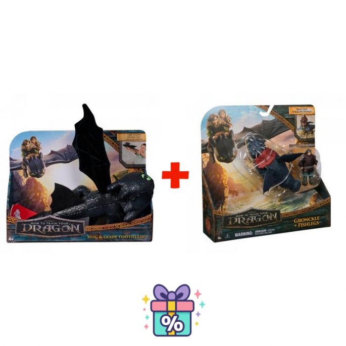 Výhodný set: Jak vycvičit draka plyšák Bezzubka objímající + Garvan a Rybinoha
